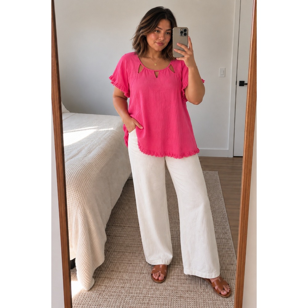 Umgee Womens Linen Blend Top 1XL Pink Cutout Frayed Fringe Hem Coastal Boho